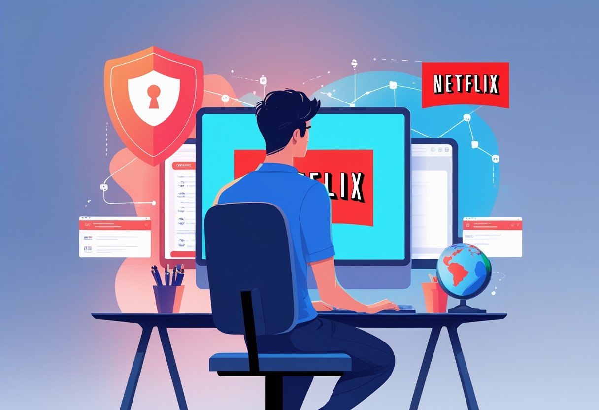A person sitting at a desk using a computer showing the Netflix logo, surrounded by symbols representing VPN security and internet connectivity.