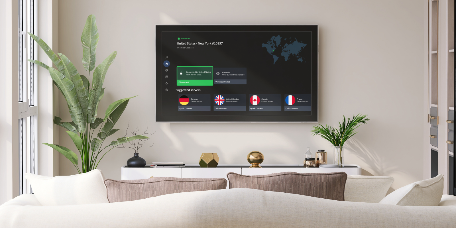 An Android TV screen with the NordVPN application, showing a connected status and suggested servers for streaming.