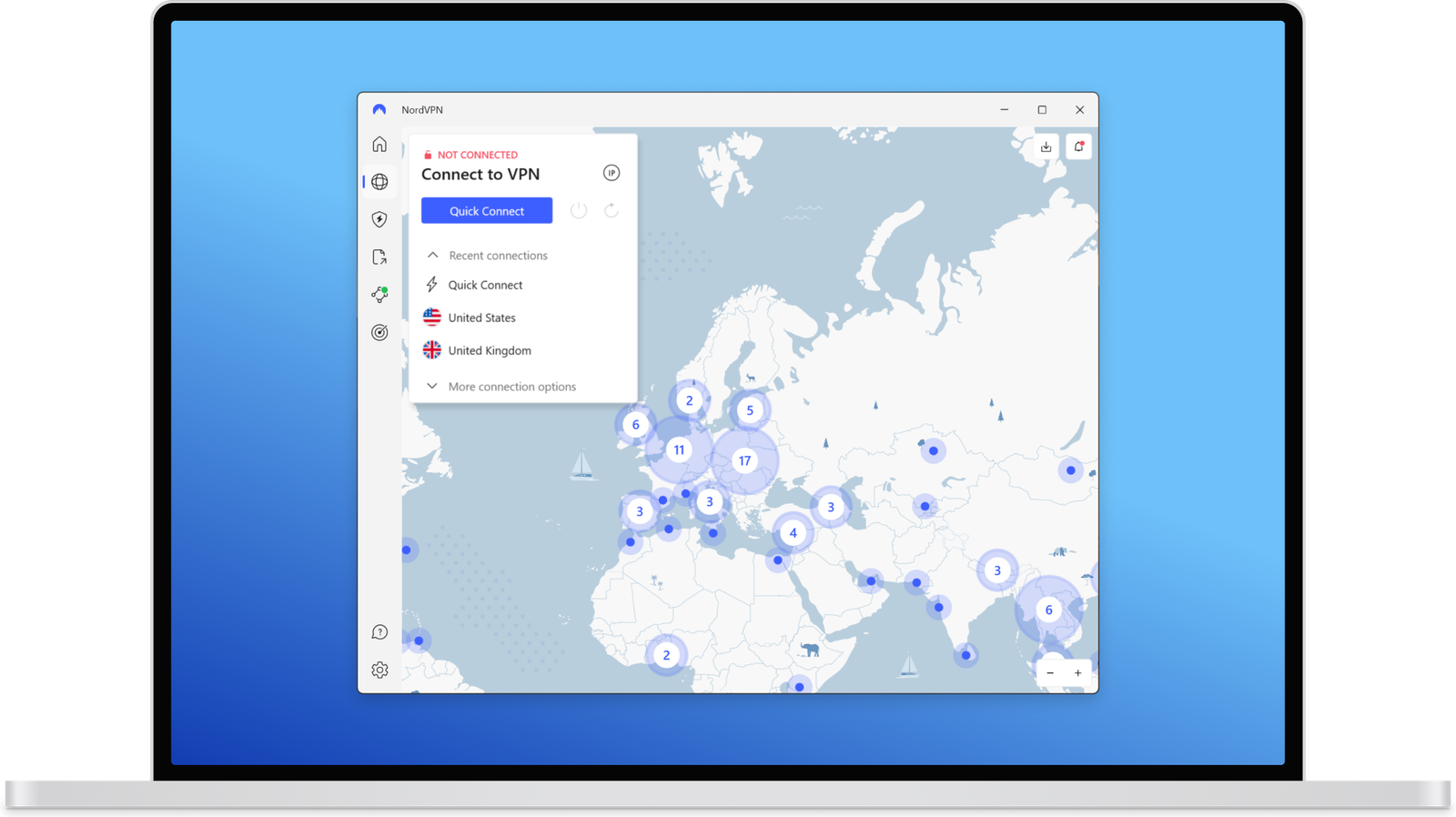 A laptop screen showing the NordVPN application with a global map and a 'Not Connected' status.