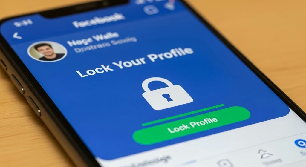 Smartphone screen displaying the Facebook "Lock Your Profile" feature, illustrating social media privacy settings.