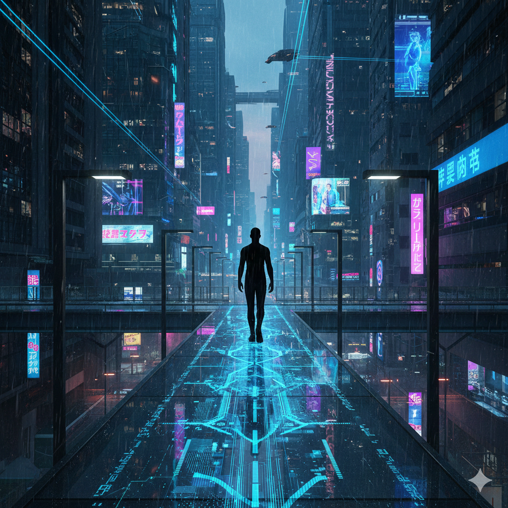 A silhouetted person walking across a glass bridge in a futuristic cyberpunk city, leaving a trail of glowing blue digital data patterns and circuitry on the ground behind them.