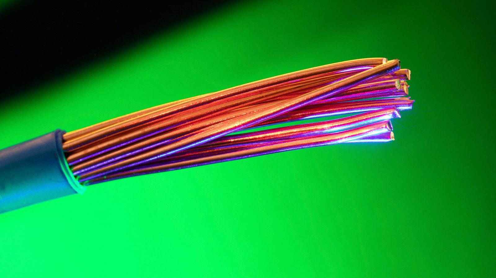 Close-up of colorful copper electrical wires against a vibrant green backdrop, showcasing vivid contrasts and textures.