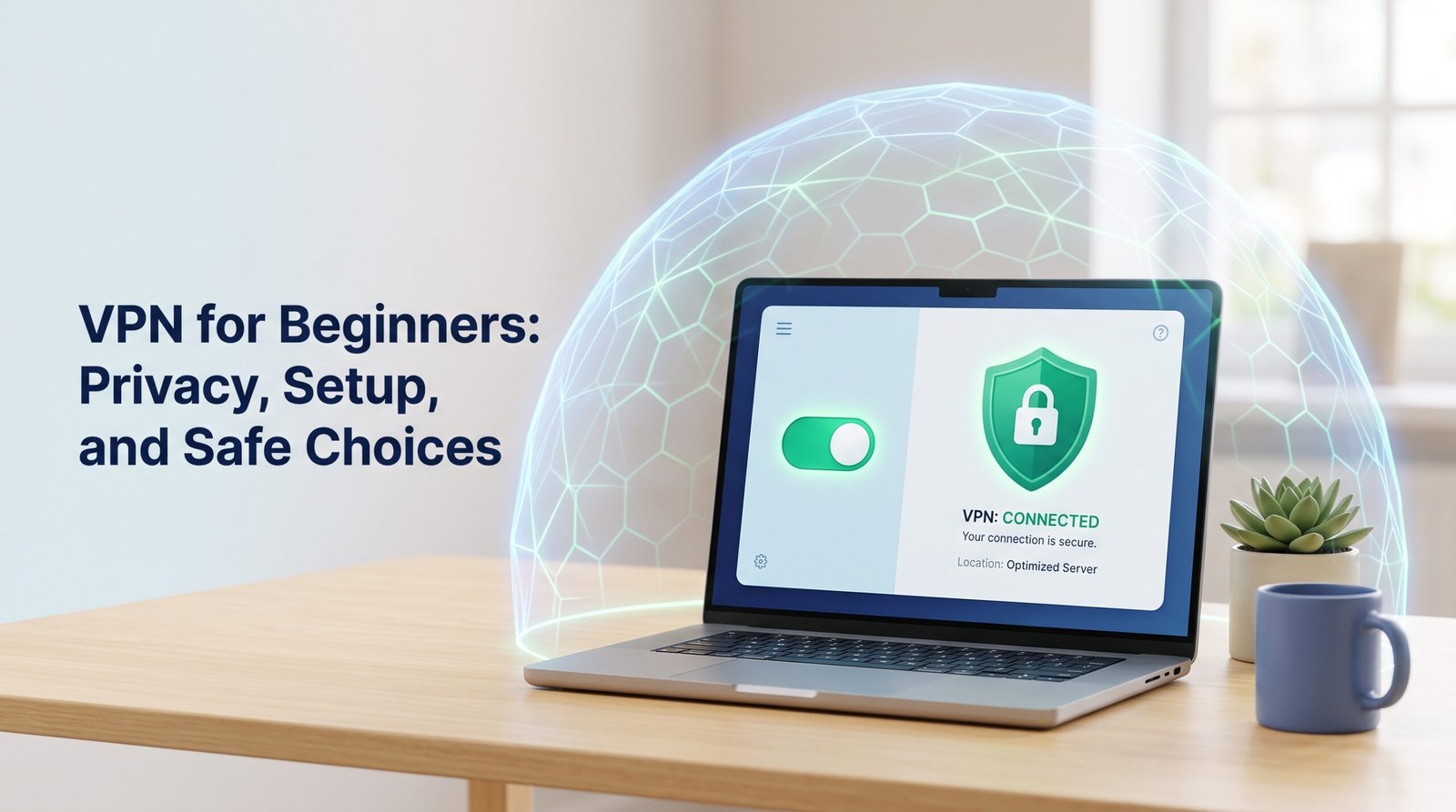 Illustration of a secure virtual private network (VPN) encrypted tunnel protecting devices and personal data on public Wi-Fi.