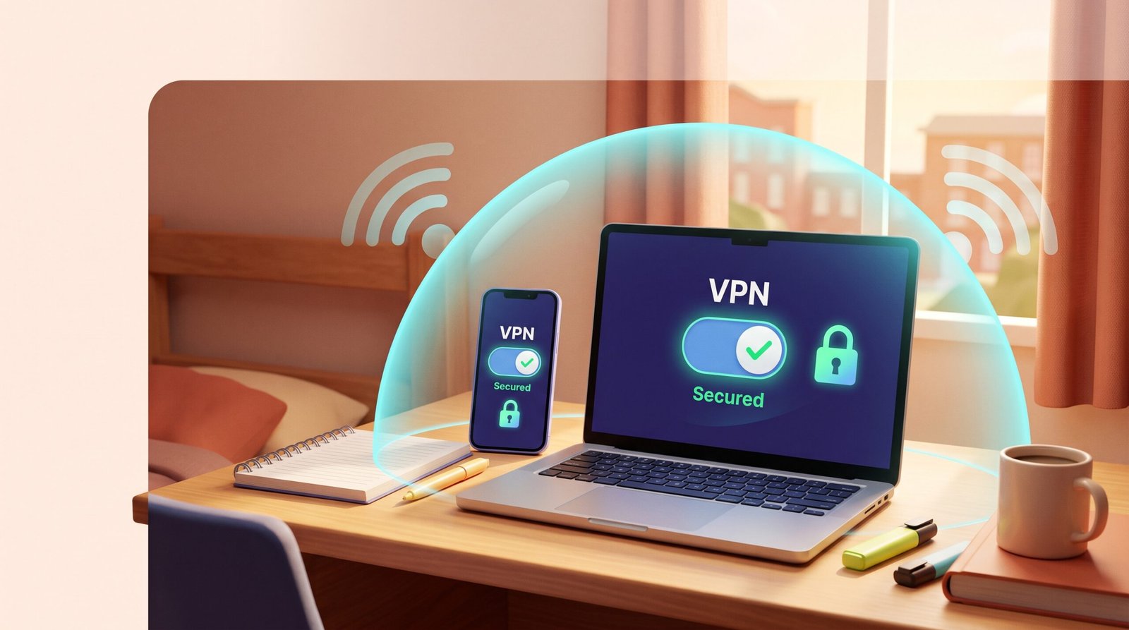 A vibrant 3D editorial illustration of a student dorm desk with a laptop and smartphone, both showing a confirmed VPN secured connection under a protective cyan bubble, with a campus view through the window.