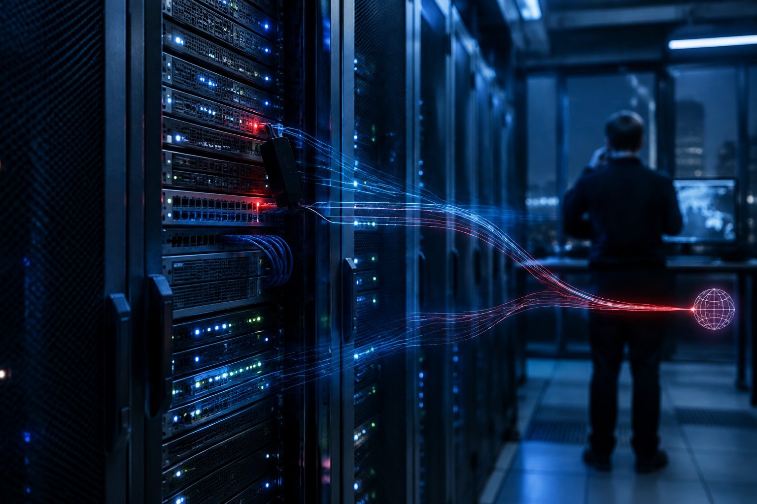 A cybersecurity analyst examines server racks, including one with red warning lights.